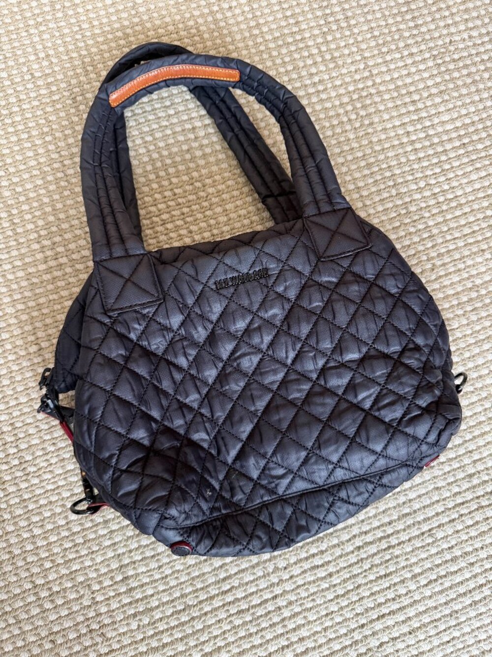 MZ Wallace Medium Quilted Nylon Satchel Black Cognac Trim with Accessories Great
